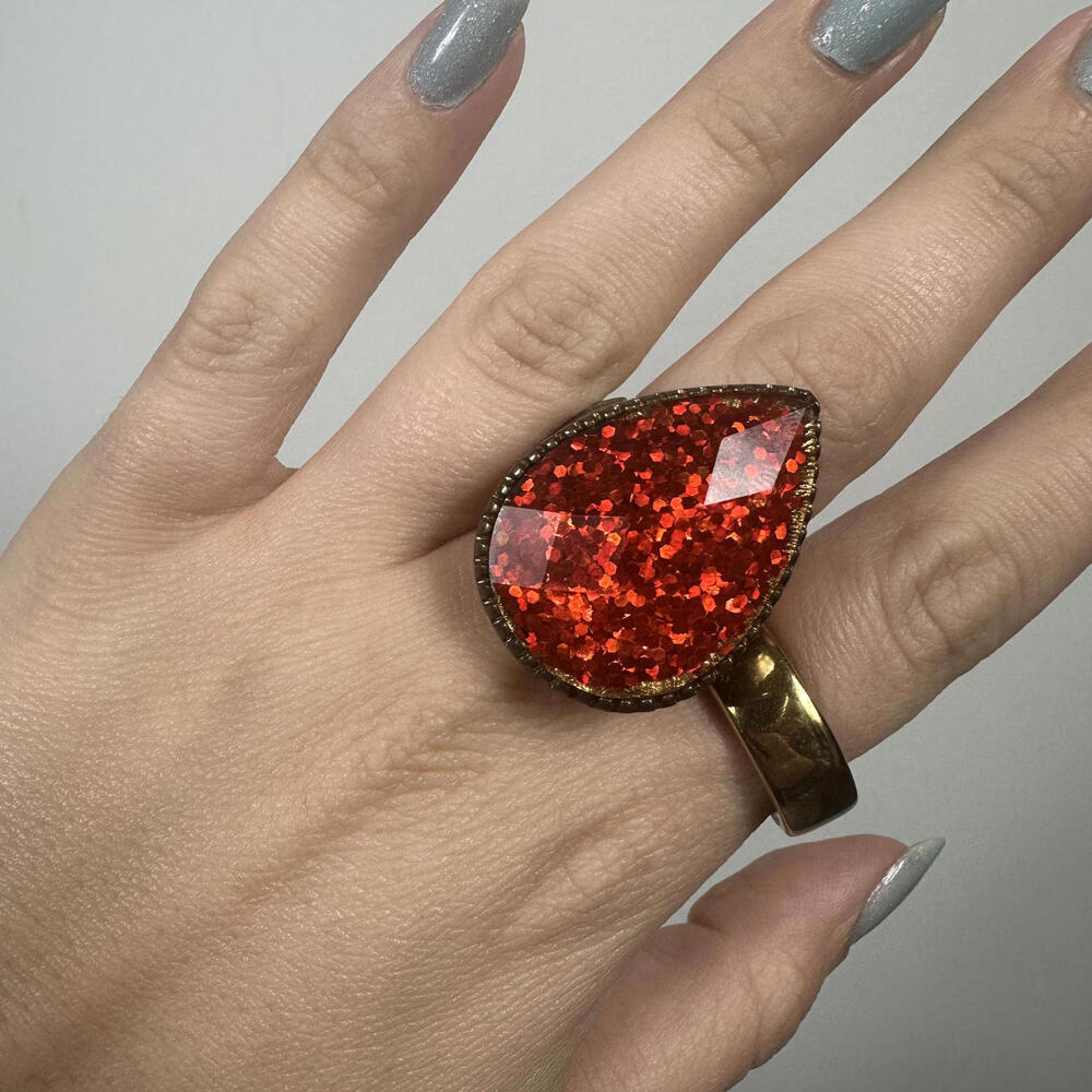 Bronze Toned Red Sparkly Teardrop Stretchy Ring